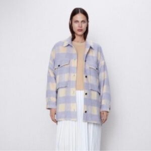 ZARA Wool Blend Lavender & Cream Plaid Oversized Shacket-Size S/M